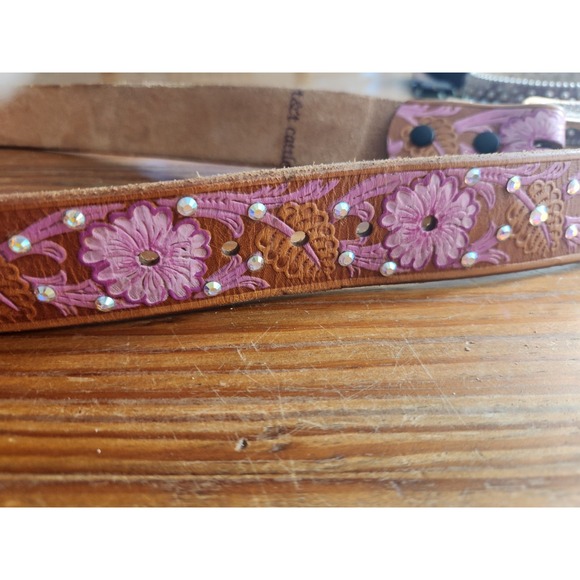 Hand Tooled &‎ Painted Leather Belt AB Swarovski Iridescent Crystals Custom M/L - Picture 6 of 14
